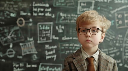 Poster - A young boy wearing glasses standing in front of a blackboard