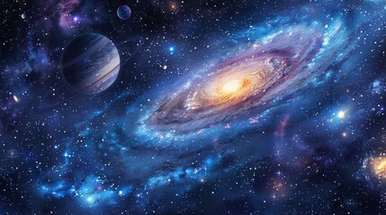 majestic universe with colorful planets and sparkling stars background
