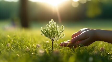 Plant in the hand on a background of green grass