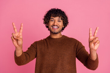 Poster - Photo of funky cool nice nice man wear stylish brown clothes v-sign isolated on pink color background