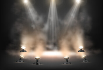 Poster - Podium or scene illuminated by spotlights. Vector realistic dim light and illumination lamps on stage. Performance or show, dark or night dramatic view with mist and fog, presentation of product