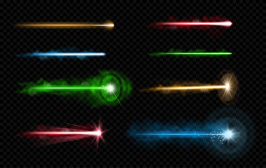 Poster - Beam with bright shiny sparkles. Vector laser shot impact. Cutting metal or surface, light effect with sparks and vapor, shining and glowing. Engraving or shooting, futuristic weapon burst