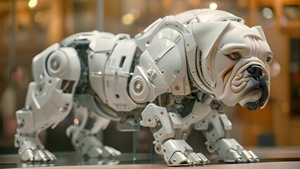 Poster - This robotic bulldog is showcased in a glass case. Robotic Bulldog Displayed in Glass Case