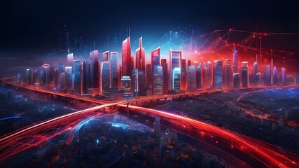 Wall Mural - An abstract gradient blue and red blazing light trail encircles the nighttime metropolis, showcasing the concept of smart city big data connectivity technology.