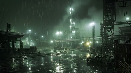 Poster - A rain-soaked industrial yard, where heavy-duty machinery operates under the cold, harsh glare of floodlights, emphasizing the raw power of engineering 