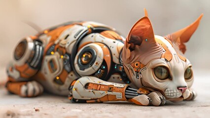 Leinwandbilder - This orange and white robot cat resting on the ground. Orange and White Robot Cat Laying on Ground