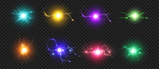 Poster - Plasma discharge, isolated realistic round lightning or thunderstorm effect. Vector sphere with high voltage energy, bright ball with sparks and charge. Electrical powerful thunderbolt burst