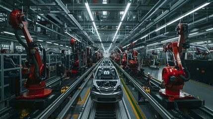 Poster - An eerie, silent assembly line, where dark machinery looms large, each component precisely in place, highlighting the meticulous and relentless efficiency of production