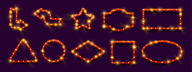 Poster - Mockup frames with red border, retro signboards with light bulbs. Vector circus or casino banners in shape of pointing arrows, stars and rectangles, triangles and rhombuses, circles and ovals