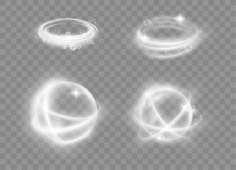 Poster - Protection and freshness, shining round effect with soft light shimmering and fresh bubbles. Vector isolated set of protective circle, frame with whirls and spiral motion. Twinkles and sparkle clean