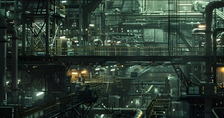 Poster - An eerie, silent assembly line, where dark machinery looms large, each component precisely in place, highlighting the meticulous and relentless efficiency of production