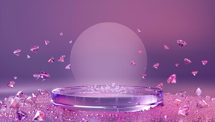 Poster - 3D podium, round background with pink diamonds flying around, purple gradient background, empty space in the center, soft light, high resolution. The background is in the style of pink diamonds flying