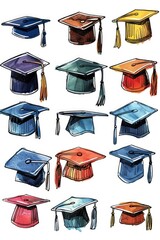 Wall Mural - A series of stylized illustrations showcasing graduation hats in various colors and styles, isolated on a plain background, ideal for adding a festive touch to graduation announcements, invitations,