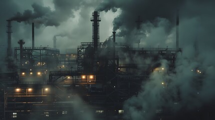 Poster - A foreboding, steel-clad factory exterior, with plumes of smoke and steam illuminated by flickering industrial lights, embodying the raw, untamed energy of manufacturing