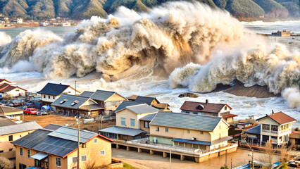 Wall Mural - Tsunami threatens an entire city. Nature events. Revolt of nature.