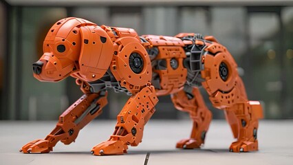 Poster - This orange robot dog is upright on a concrete sidewalk. Orange Robot Dog Standing on Sidewalk
