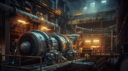Poster - An industrial setting with massive engines and machinery, illuminated by sparse, intense lights creating a gritty and powerful atmosphere 