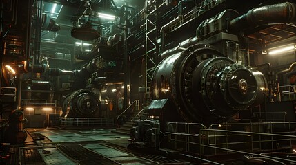 Poster - An industrial setting with massive engines and machinery, illuminated by sparse, intense lights creating a gritty and powerful atmosphere 