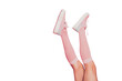 © deagreez - Cropped profile side view of long legs attractive slim fit thin sportive sporty perfect line shape form girl raising up isolated over pink pastel background