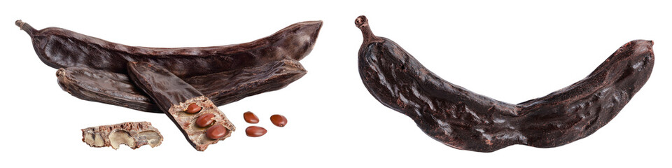 Wall Mural - Ripe carob pods and bean isolated on white background with full depth of field