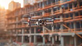 Fototapeta Big Ben - Drone hovering against a blurred building construction backdrop.