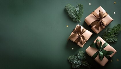 Wall Mural - christmas gifts on dark green background with copy space flat lay