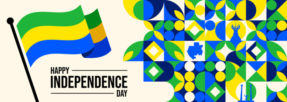 Gabon Independence Day lettering in French with flag. National holiday celebrate on August 17. Easy to edit vector template for banner, typography poster, flyer, sticker, greeting card, postcard, etc.