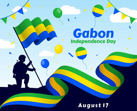 Gabon Independence Day lettering in French with flag. National holiday celebrate on August 17. Easy to edit vector template for banner, typography poster, flyer, sticker, greeting card, postcard, etc.