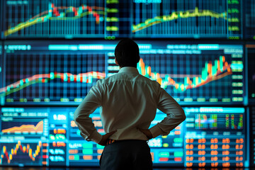Aufkleber - A businessman analyzing financial data on a digital screen in a modern city setting