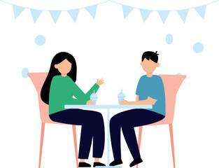 Wall Mural - The couple is sitting at the table.