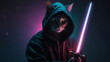 © infinity hopes stock - cat with black hoodie with laser sword on the glowing background, fighter cat, AI Generative