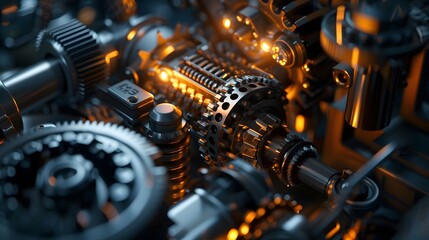 Wall Mural - A close-up of an engine's inner workings, with gears and components moving smoothly in a dark, moody setting, underscoring reliability and innovation