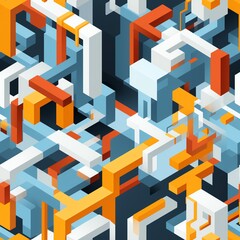 Poster - Colorful abstract geometric pattern with interlocking shapes in orange, blue, and white tones, creating a dynamic optical design.