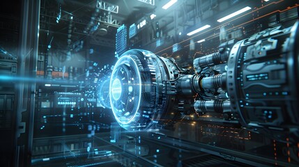 Poster - A futuristic engine prototype showcased in a dim, high-tech lab, with glowing holographic interfaces and a dark, ambient environment