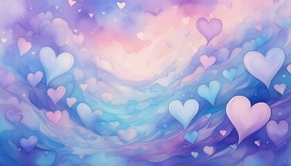 Wall Mural - abstract background with hearts. A soft, pastel watercolor background with gentle washes of pink and purple, accented