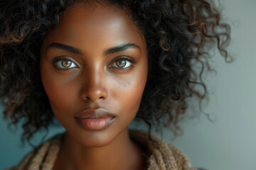 Wall Mural - Closeup of curly-haired african american middle-age woman in charismatic engaging glamorous portrait