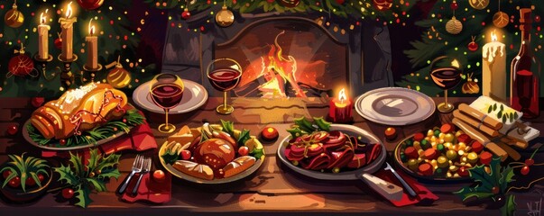 A Christmas table with a variety of food and drinks, including a cake