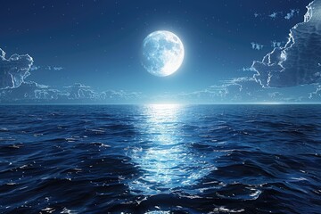 Wall Mural - Moon rising on sea surface in blue night sky professional advertising food photography