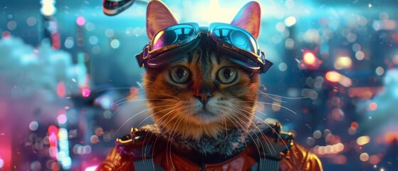 A cute charismatic closeup of a cat dressed as a vintage pilot