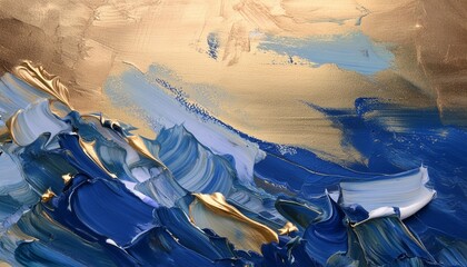Wall Mural - an abstract background of blue and gold with visible paint and pallet knife strokes generative ai