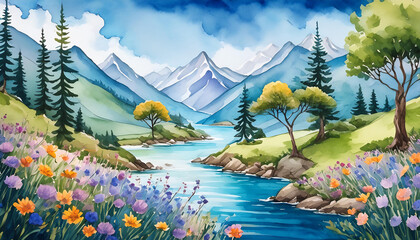 Wall Mural - Whimsical watercolor painting with trees, flowers, mountains and blue river. Beautiful landscape.
