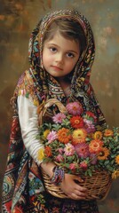 Poster - A painting of a little girl holding a basket of flowers