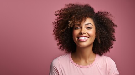 Wall Mural - Radiant Young Woman Smiling Against Pink Background