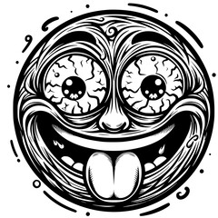 A crazy and funny smiley face in black and white, perfect for emotional expression illustrations, cartoons, humorous designs, and versatile creative projects