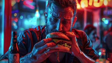 Poster - A man eating a hamburger in a restaurant