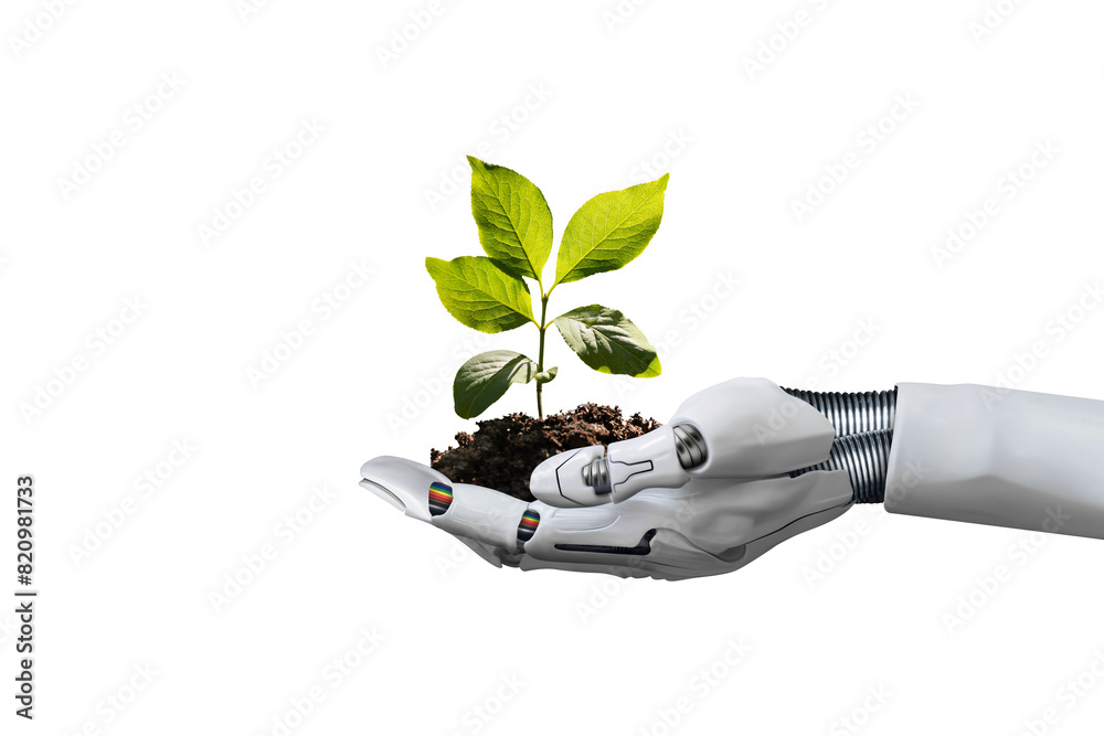 Robot hand holding a young plant against isolated free png background ...