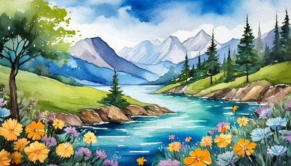 Wall Mural - Whimsical watercolor painting with trees, flowers, mountains and blue river. Beautiful landscape.