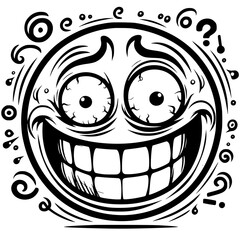 A crazy and funny smiley face in black and white, perfect for emotional expression illustrations, cartoons, humorous designs, and versatile creative projects