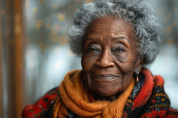 Wall Mural - Older black woman with grey hair and scarf outdoors in winter for marketing campaign