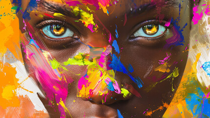 Wall Mural - close-up shot Portrait, poster abstract An African woman is looking straight at the camera with impressive eyes